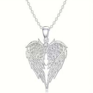 Angel Wings Heart Shaped Silver Toned Pendant Necklace